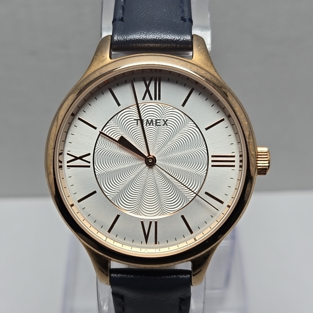 Womens Timex Peyton 36mm Rose Gold Tone Watch Navy Leather Strap New Battery